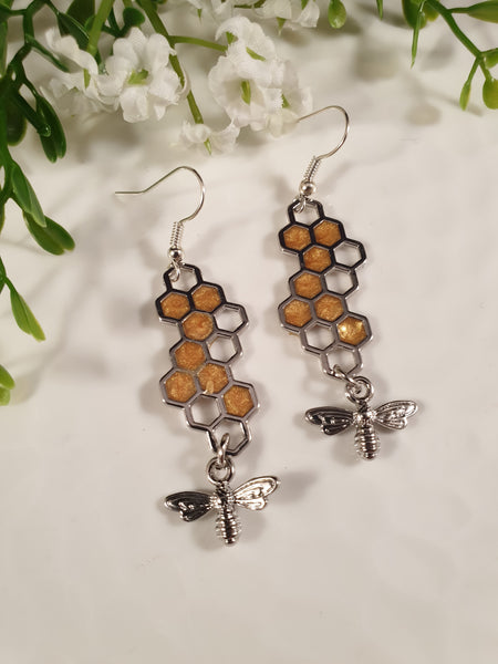 Handpoured Resin Honeycomb & Bee Drop Earrings