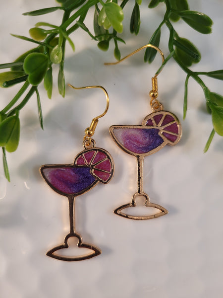 Handpoured Resin Gold Tone Cocktail Glass Earrings - Large