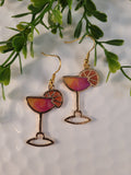 Handpoured Resin Gold Tone Cocktail Glass Earrings - Large