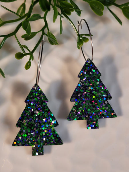 Handpoured Resin Christmas Tree Hoop Statement Earrings