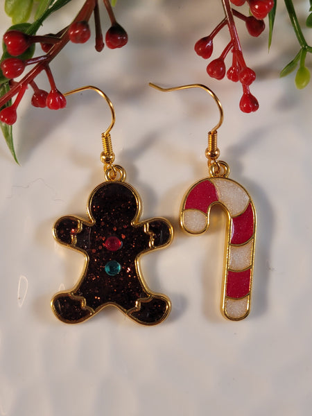 Handpoured Resin Gingerbread Man & Candy Cane Earrings