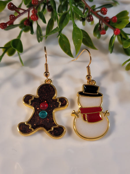 Handpoured Resin Gingerbread Man & Snowman Earrings