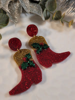 Handpoured Resin Cowgirl Boot Christmas Holly Statement Earrings