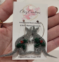 Handpoured Resin Christmas Kangaroos with Holly Earrings