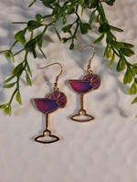 Handpoured Resin Gold Tone Cocktail Glass Earrings - Large