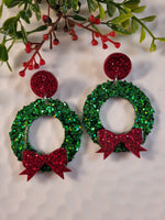 Handpoured Resin Christmas Wreath with Bow Statement Earrings