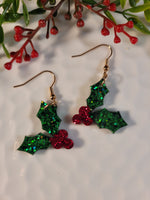 Handpoured Resin Christmas Holly Earrings