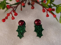 Handpoured Resin Christmas Holly Stud Earrings