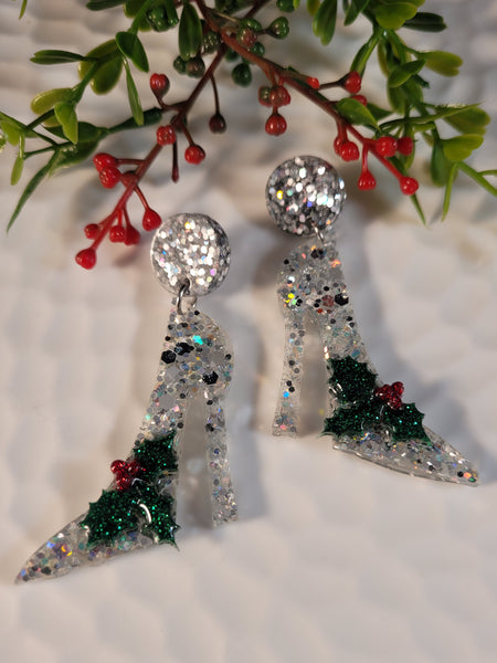 Handpoured Resin Stiletto Christmas Holly Statement Earrings